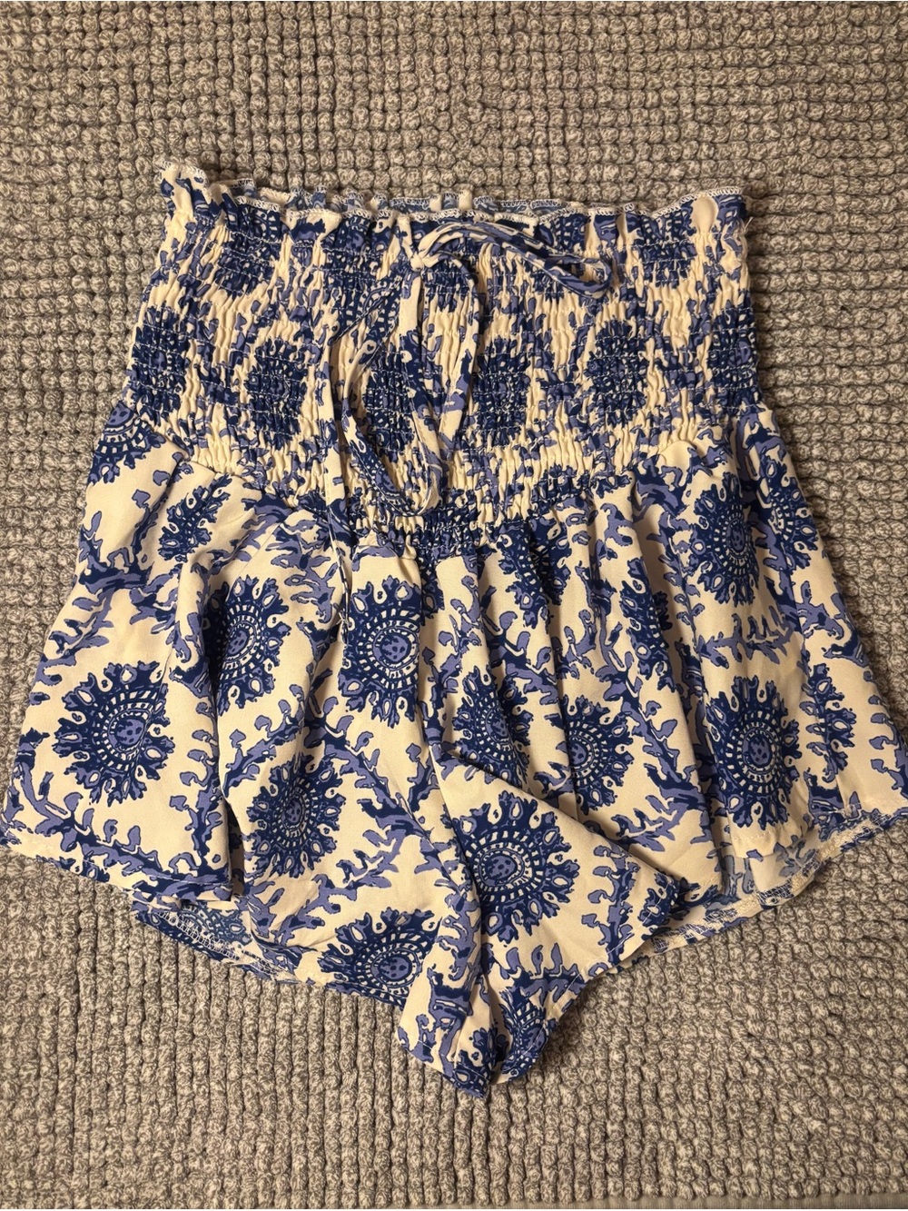 SHEIN Blue & Cream Smocked High-Waist Printed Shorts